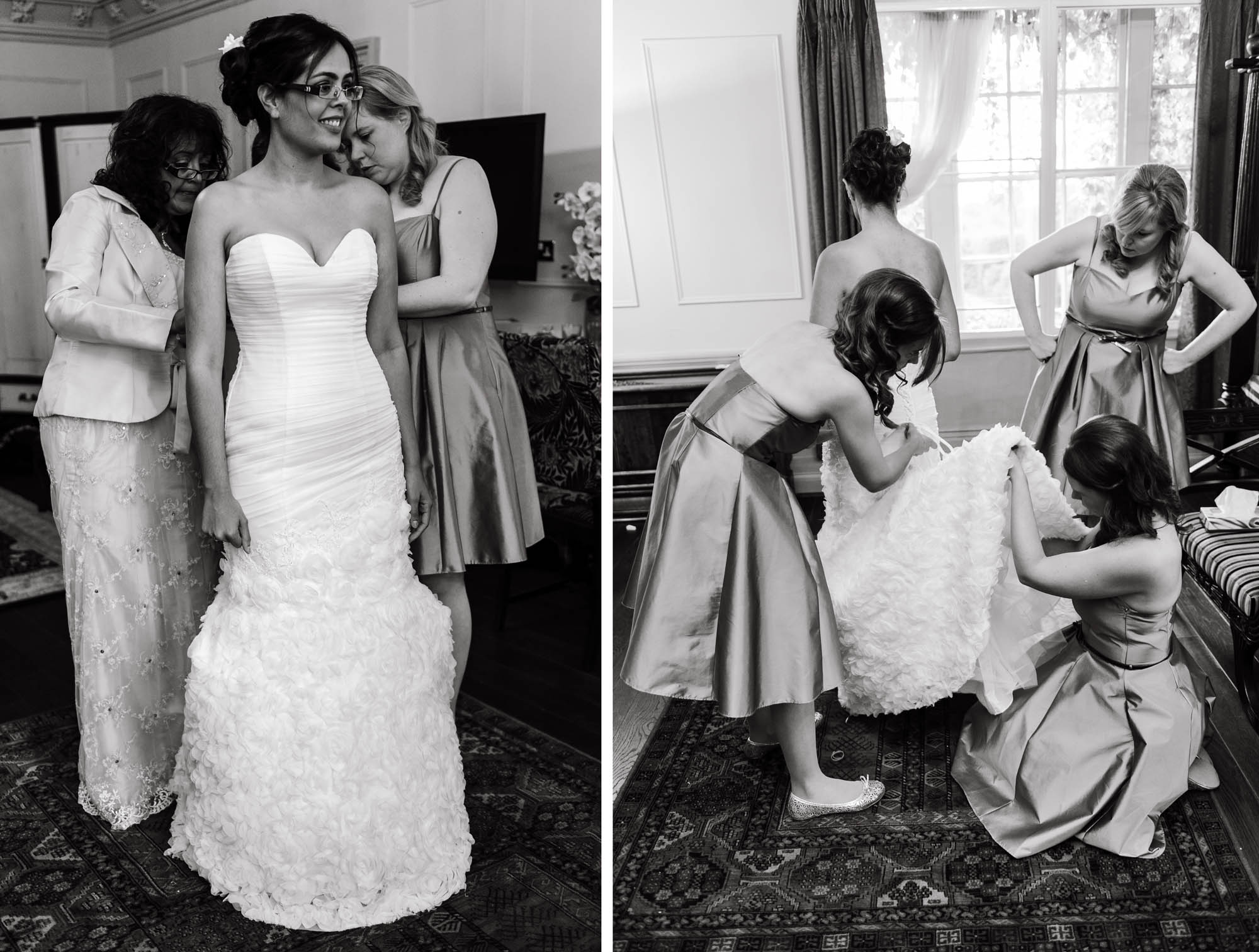 Bride getting ready on her wedding day with the help of her bridesmaids taken by Surrey based wedding photographer Richard Eaton. 